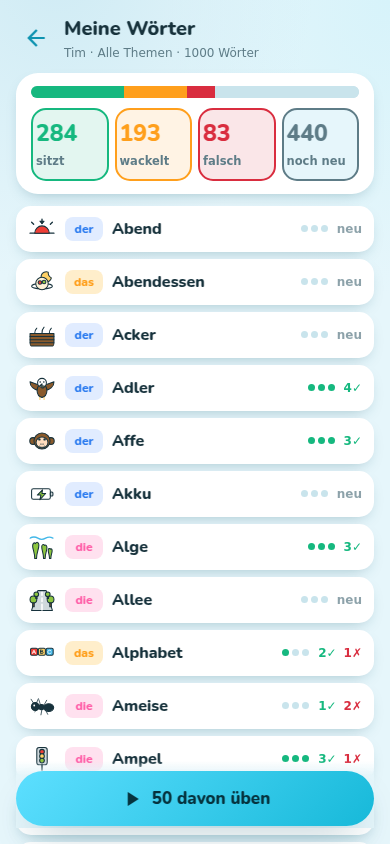 Meine Wörter: Liste mit Artikel, Bild und der eigenen Bilanz je Wort