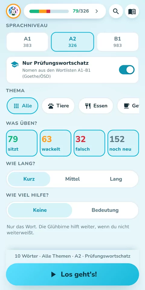 A1 bis B1, mit Goethe- und ÖSD-Wortschatz: der Startbildschirm mit Sprachniveau, Thema und Rundenlänge