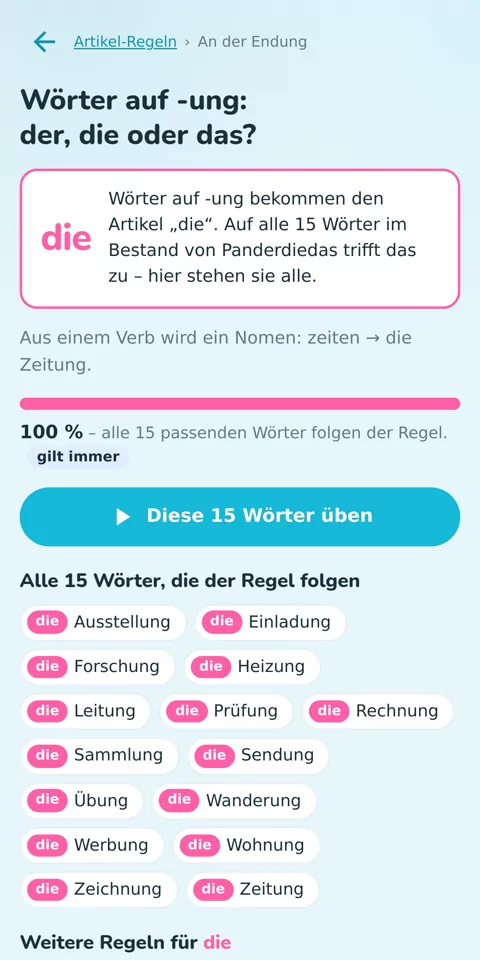 36 Artikel-Regeln, am eigenen Wortschatz nachgezählt: die Regel für Wörter auf -ung