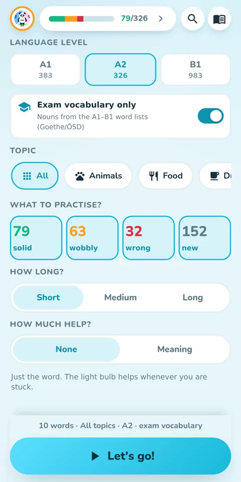 A1 to B1, with Goethe and ÖSD exam vocabulary: the start screen with language level, topic and round length
