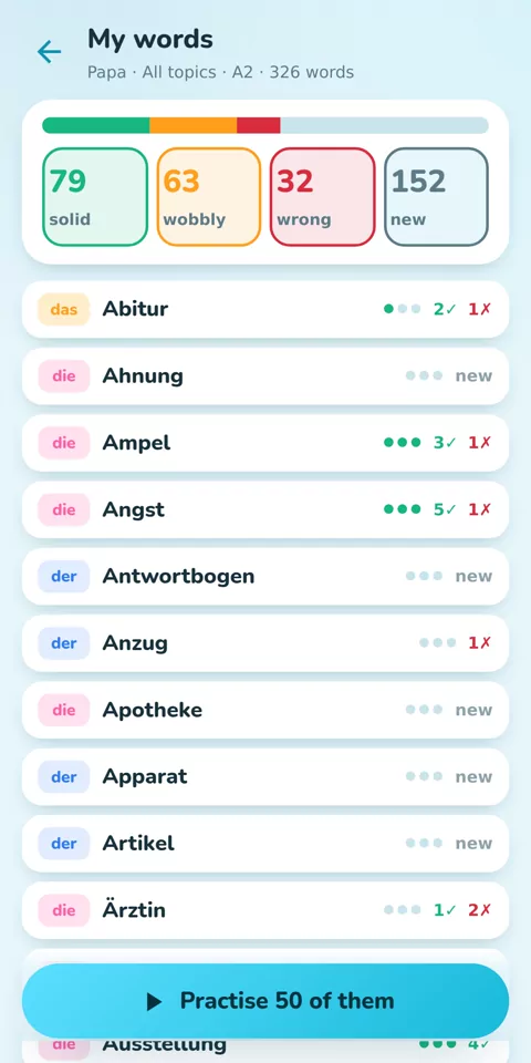 See what sticks. Practise what wobbles: “My words” with the status of every word