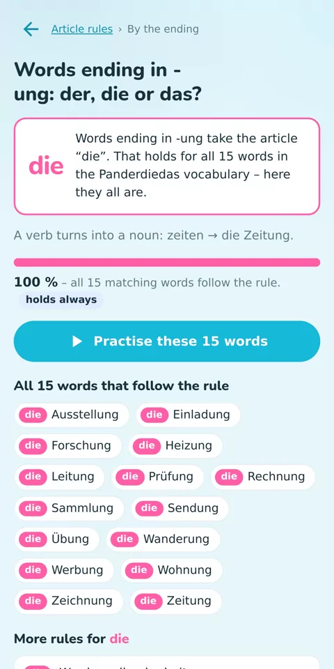 36 gender rules, checked against your own words: the rule for words ending in -ung