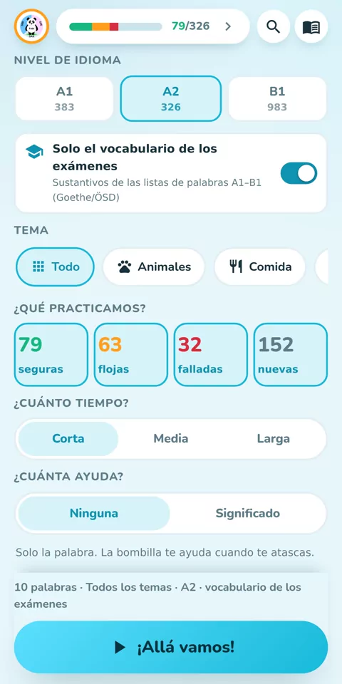 De A1 a B1, con vocabulario Goethe y ÖSD: la pantalla de inicio con nivel, tema y duración de la ronda