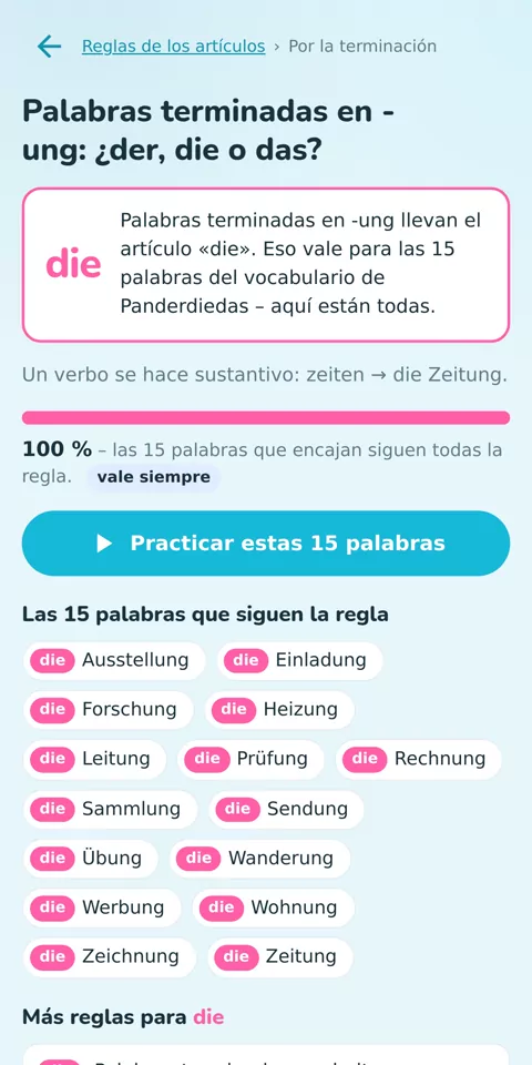 36 reglas de artículos, comprobadas con tus propias palabras: la regla de las palabras en -ung