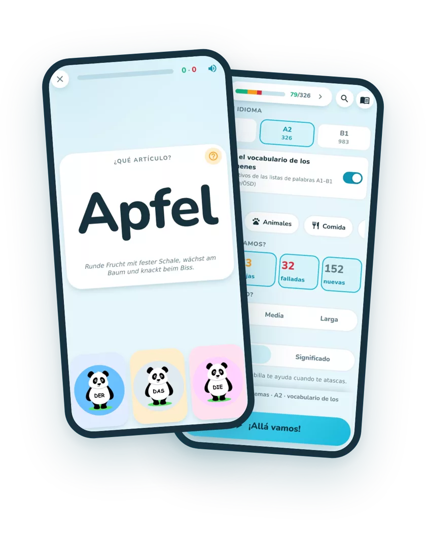 El juego en el móvil: la palabra Apfel y debajo tres pandas para der, das y die