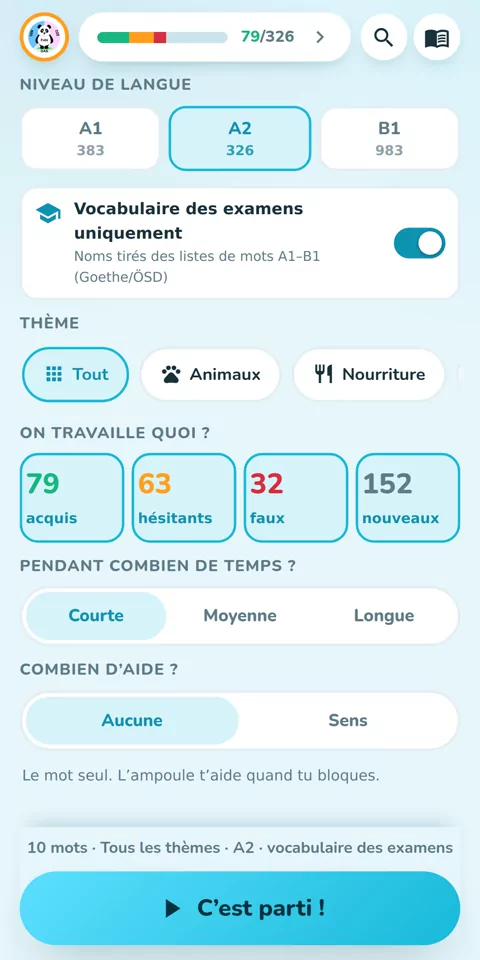 De A1 à B1, avec le vocabulaire Goethe et ÖSD : l’écran de départ avec le niveau, le thème et la durée de la partie