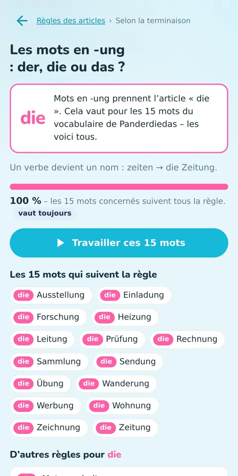 36 règles d’articles, vérifiées sur tes propres mots : la règle des mots en -ung