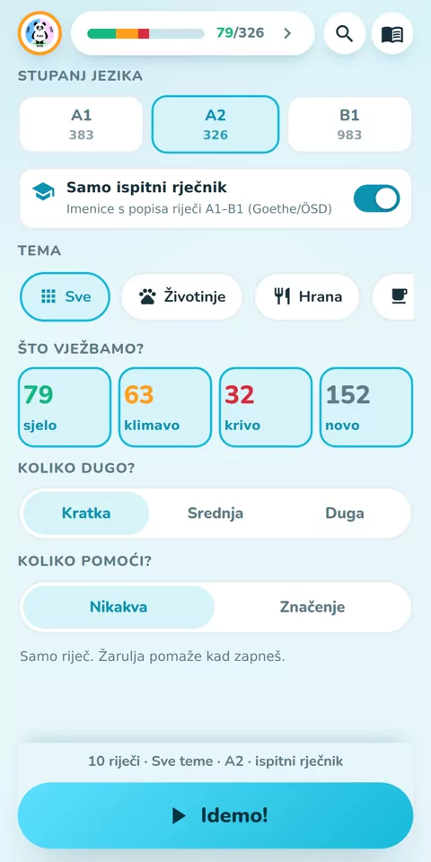 Od A1 do B1, s rječnikom ispita Goethe i ÖSD: početni zaslon s razinom, temom i duljinom runde