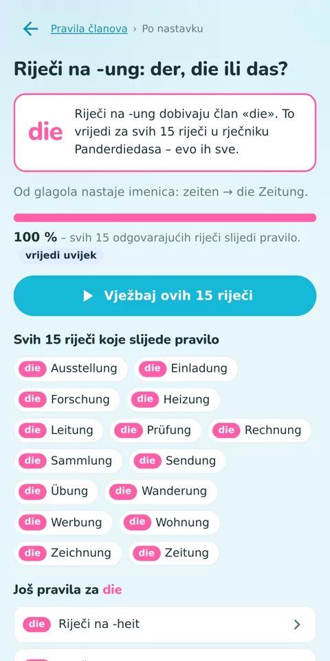 36 pravila za članove, provjereno na tvojim riječima: pravilo za riječi na -ung