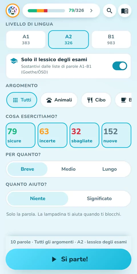 Da A1 a B1, con il lessico Goethe e ÖSD: la schermata iniziale con livello, tema e durata del turno