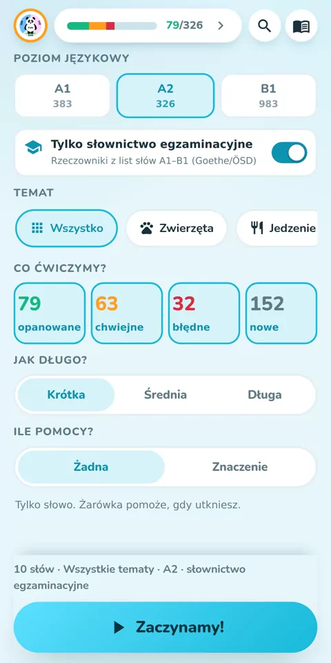 Od A1 do B1, ze słownictwem egzaminów Goethe i ÖSD: ekran startowy z poziomem, tematem i długością rundy