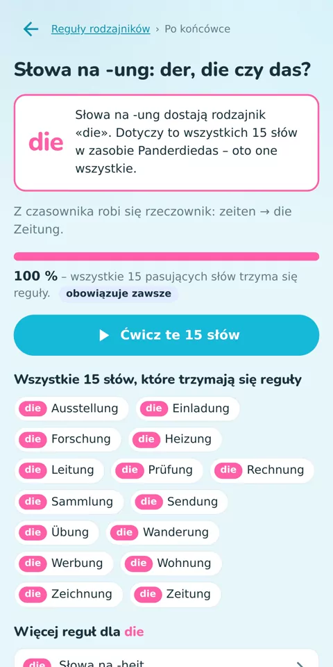 36 reguł rodzajników, sprawdzone na twoich słowach: reguła dla słów na -ung