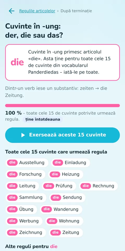 36 de reguli pentru articole, verificate pe cuvintele tale: regula pentru cuvintele în -ung