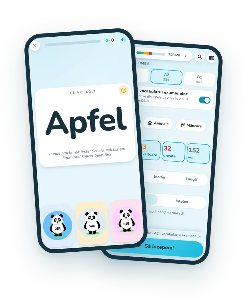 Jocul pe telefon: cuvântul Apfel, dedesubt trei panda pentru der, das și die