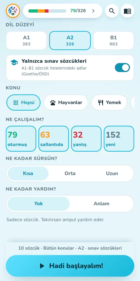 A1’den B1’e, Goethe ve ÖSD sınav sözcükleriyle: dil seviyesi, konu ve tur uzunluğuyla başlangıç ekranı